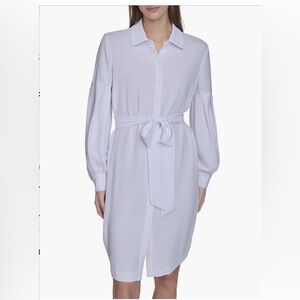 NWT- Calvin Klein White Long-Sleeve Shirt Dress with Tie Waist